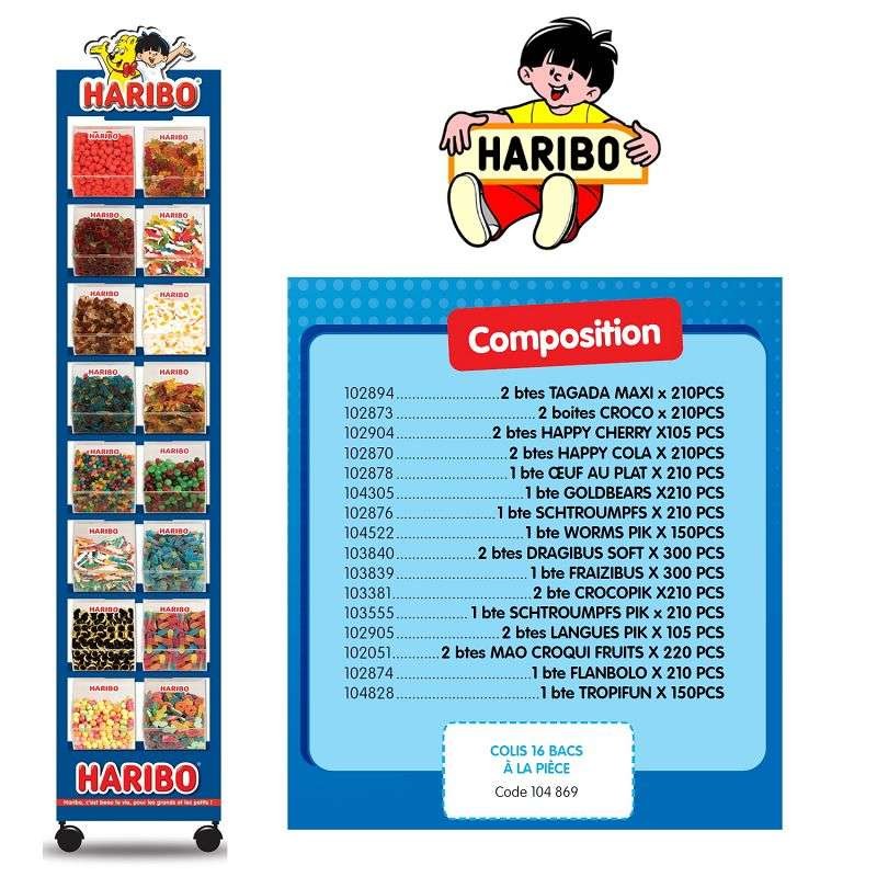 HARIBO - Colis présentoir Métal 16 broches 120 gr + 8 cartons de 30 sachets  100/120gr - Bonbons Haribo - Grossiste bonbon