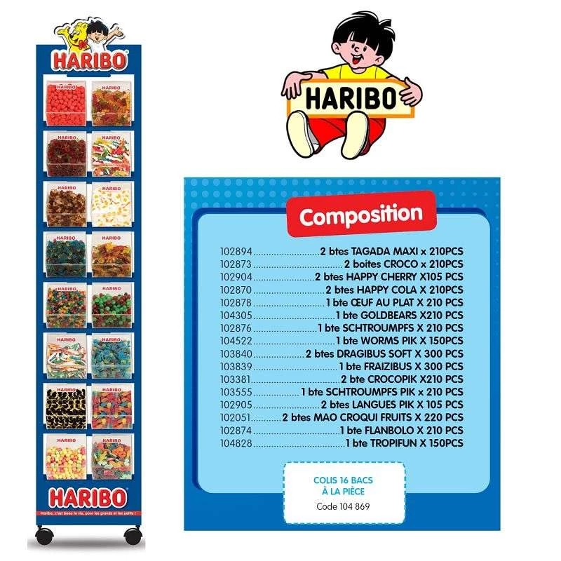 Pack 24 tubos bonbon Haribo + Présentoir HARIBO 16 bacs offert
