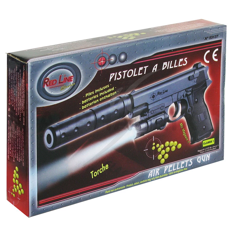 Pistolet 18cm + torche + silencieux + 18billes