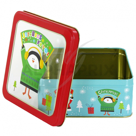 Boîte métal carrée fenètre Joyeuses Fêtes 15,2x15,28x6,7cm