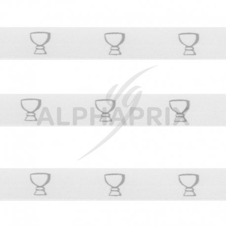 Ruban blanc en satin imprimé CALICE argent - la bobine de 25 mètres