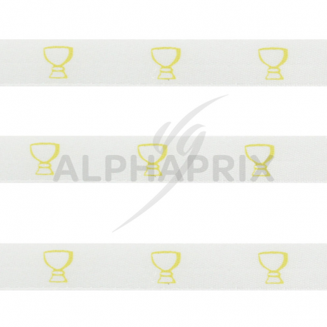 Ruban blanc en satin imprimé CALICE or - la bobine de 25 mètres
