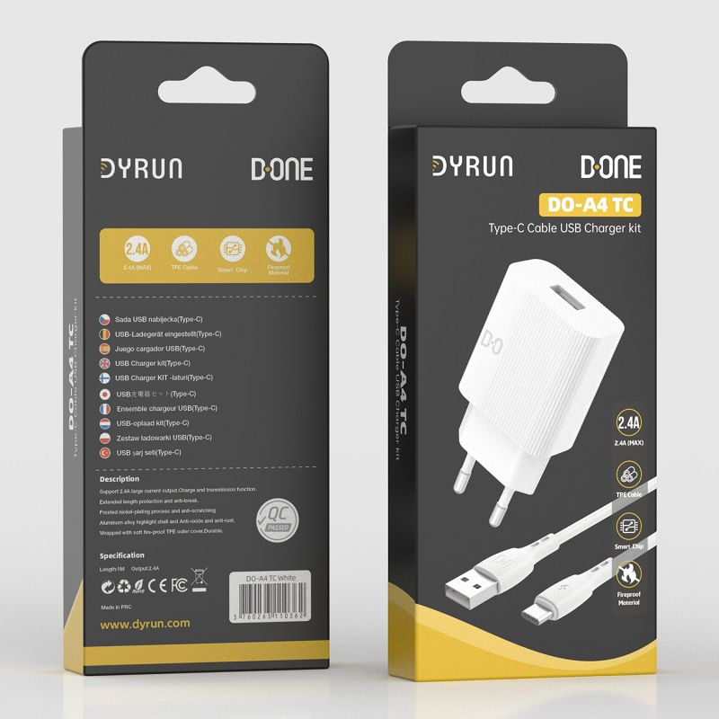 Chargeur secteur USB + câble Type C blanc 2.4A