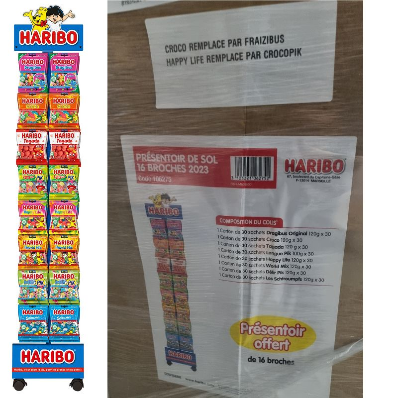 Pack 24 tubos bonbon Haribo + Présentoir HARIBO 16 bacs offert