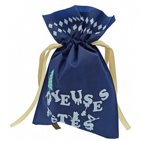 Pochon PP intissé bleu avec ruban satin or 20x30cm