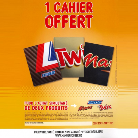 Cahiers barres 2024 (Mars, Twix, Snickers)