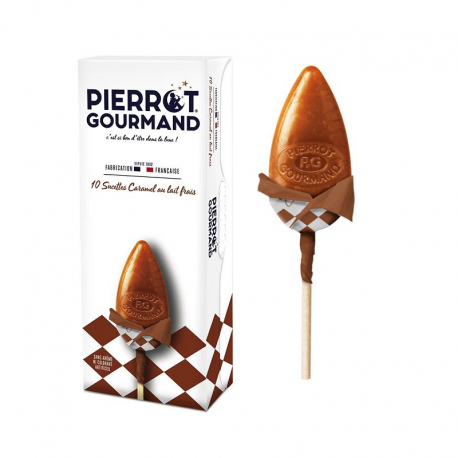 Etui 10 sucettes caramel Pierrot Gourmand (bâtonnet bois)