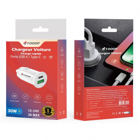 Chargeur voiture 30W USB + Type C charge rapide TOOOP