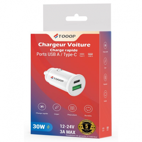 Chargeur voiture 30W USB + Type C charge rapide TOOOP