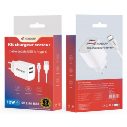 Kit Chargeur secteur 2 ports USB + câble type C blanc