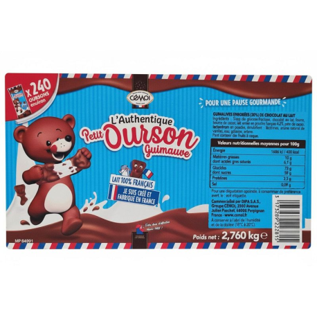 Oursons guimauve chocolat au lait s/cello - carton de +-240